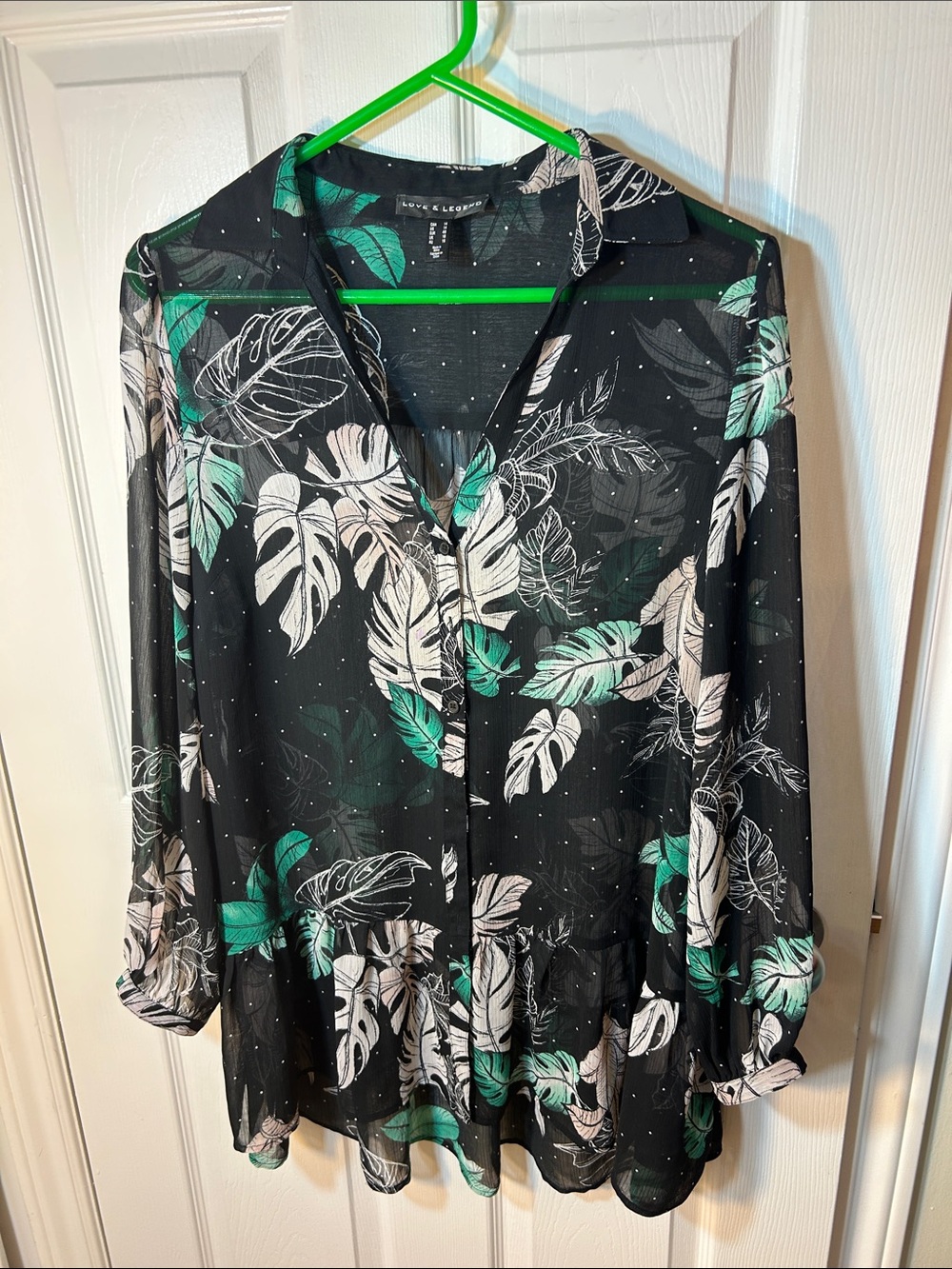 Love & Legend Black Sheer Button-Down Blouse with Green & White Leaf Print 14